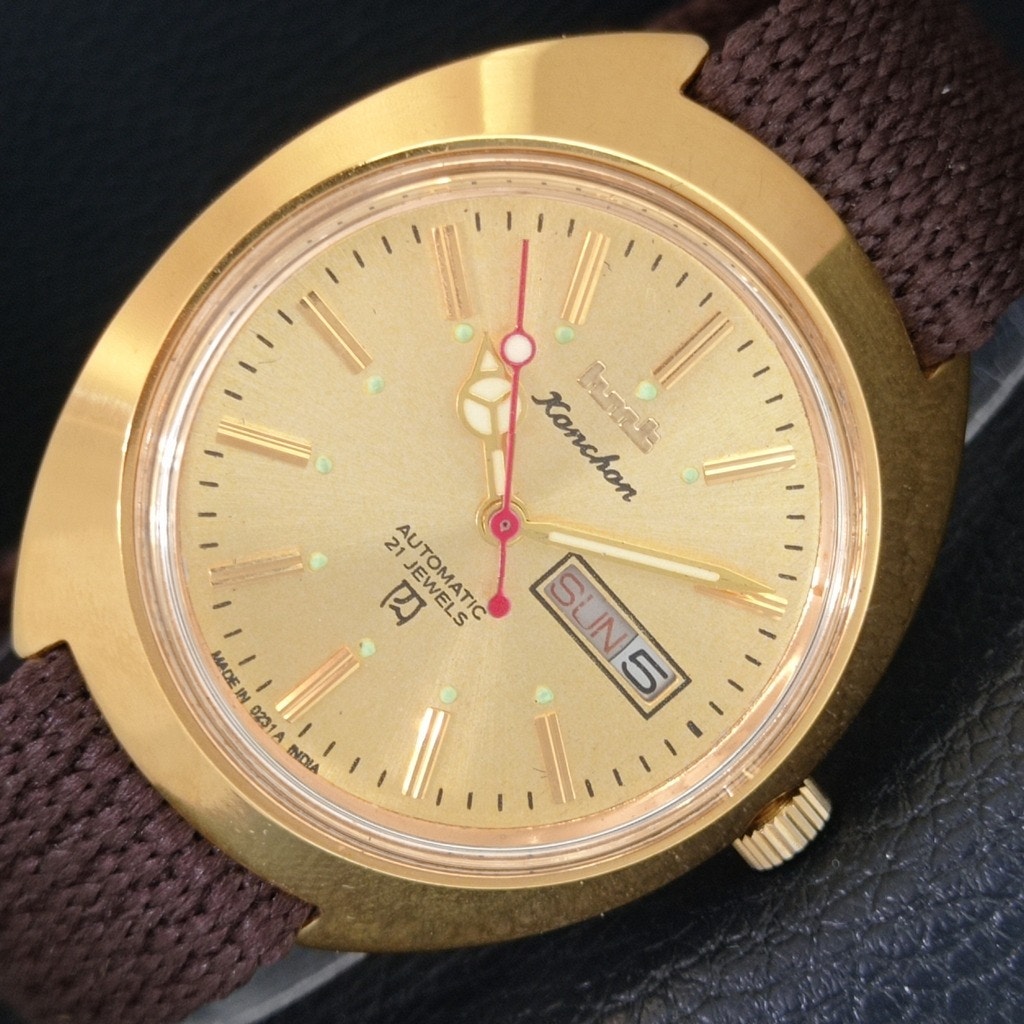 Vintage 1986 Hmt Automatic Mens Gold Watch WDaydate  Champagne Accents